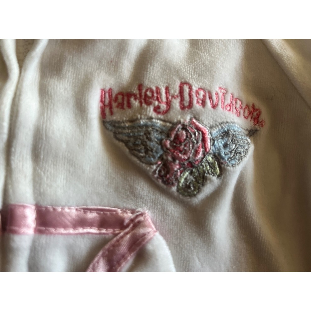 Harley Davidson Baby Girls White Velour Pink Satin Trim Zip Up Hoodie 6-9M